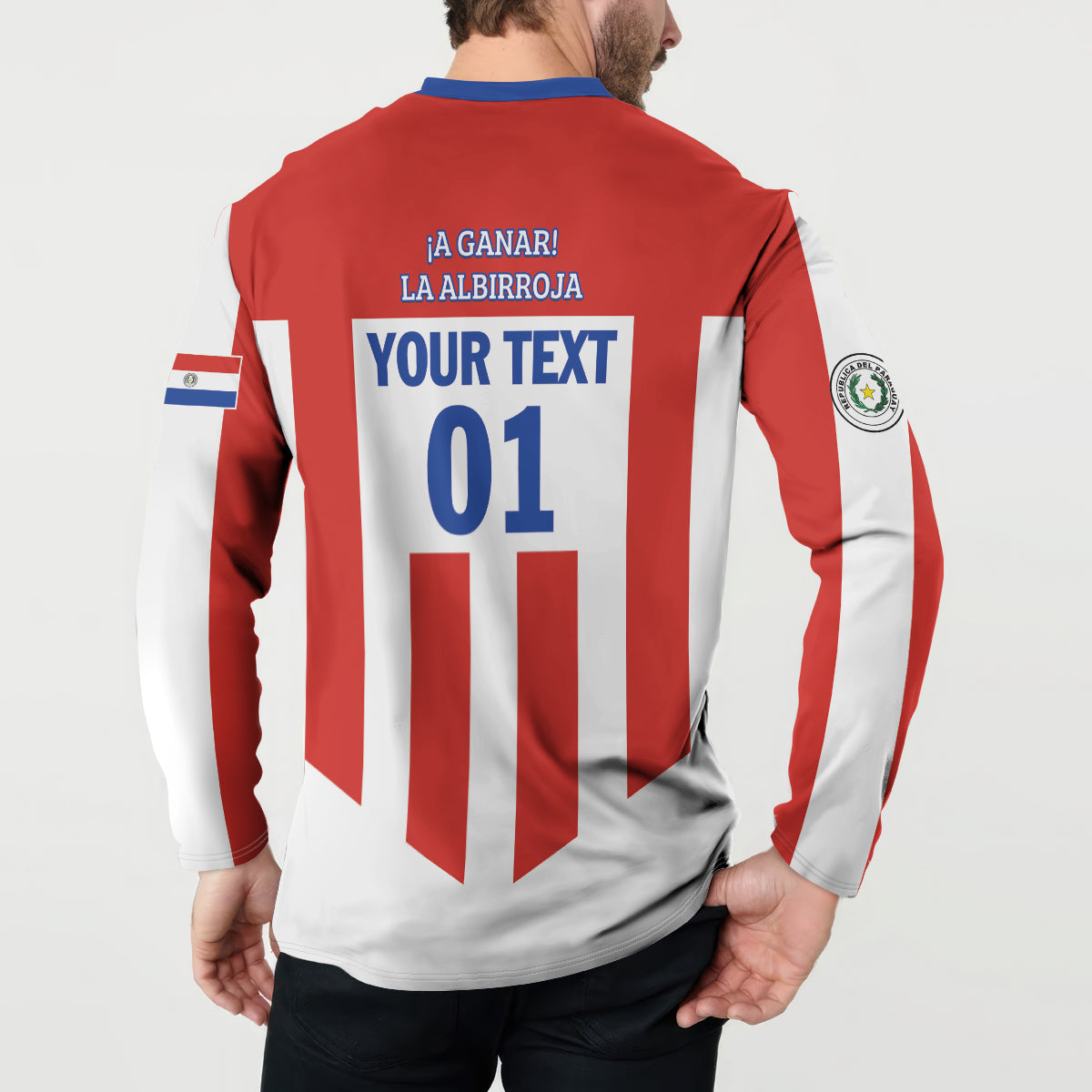 Back view: men's red and white striped football button sweatshirt with blue collar, YOUR TEXT 01