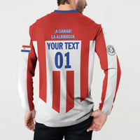 Back view: men's red and white striped football button sweatshirt with blue collar, YOUR TEXT 01