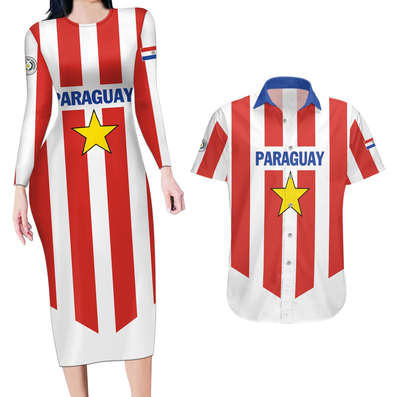 Personalized Paraguay 2024 Football Couples Matching Long Sleeve Bodycon Dress and Hawaiian Shirt Come On La Albirroja - Wonder Print Shop