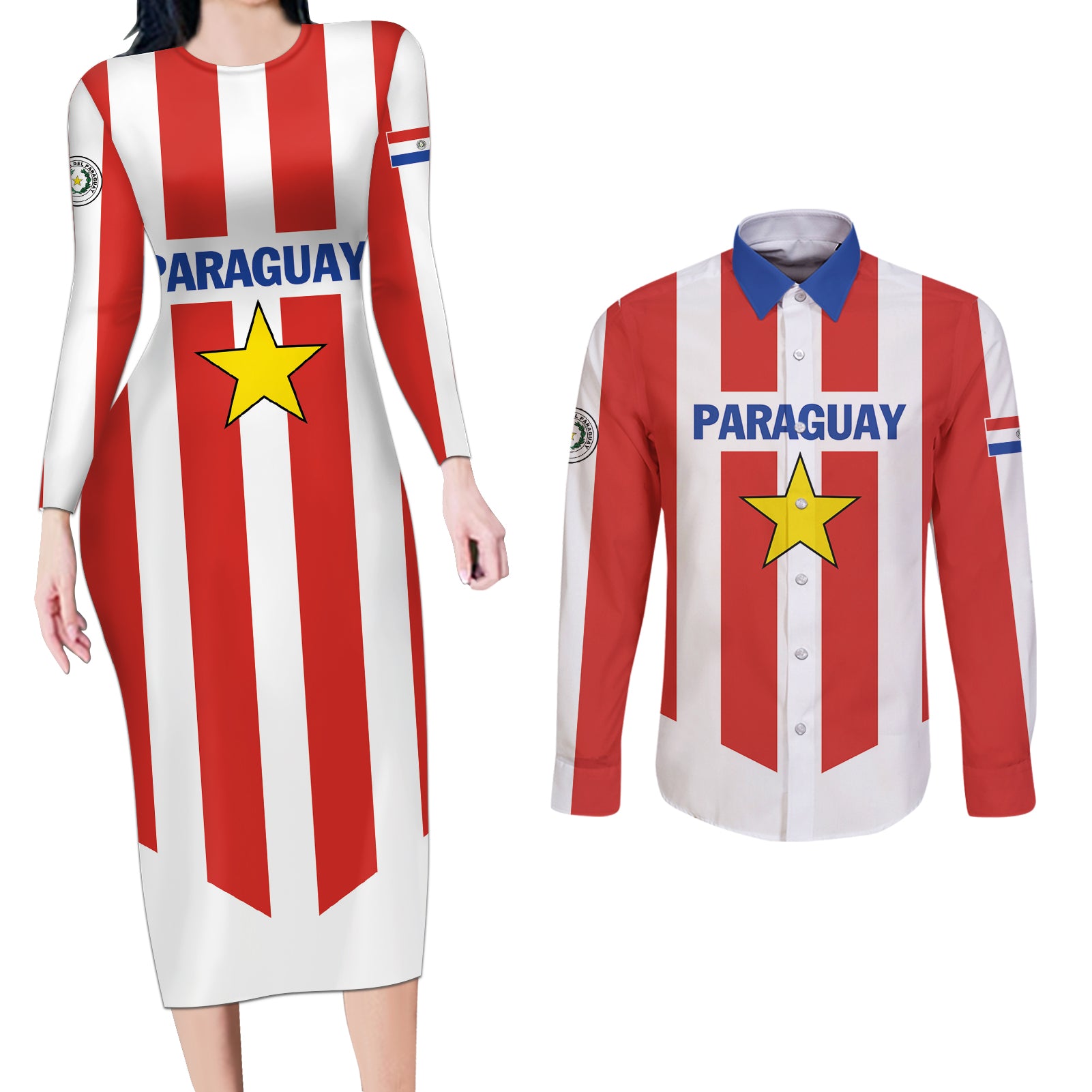 Personalized Paraguay 2024 Football Couples Matching Long Sleeve Bodycon Dress and Long Sleeve Button Shirt Come On La Albirroja - Wonder Print Shop