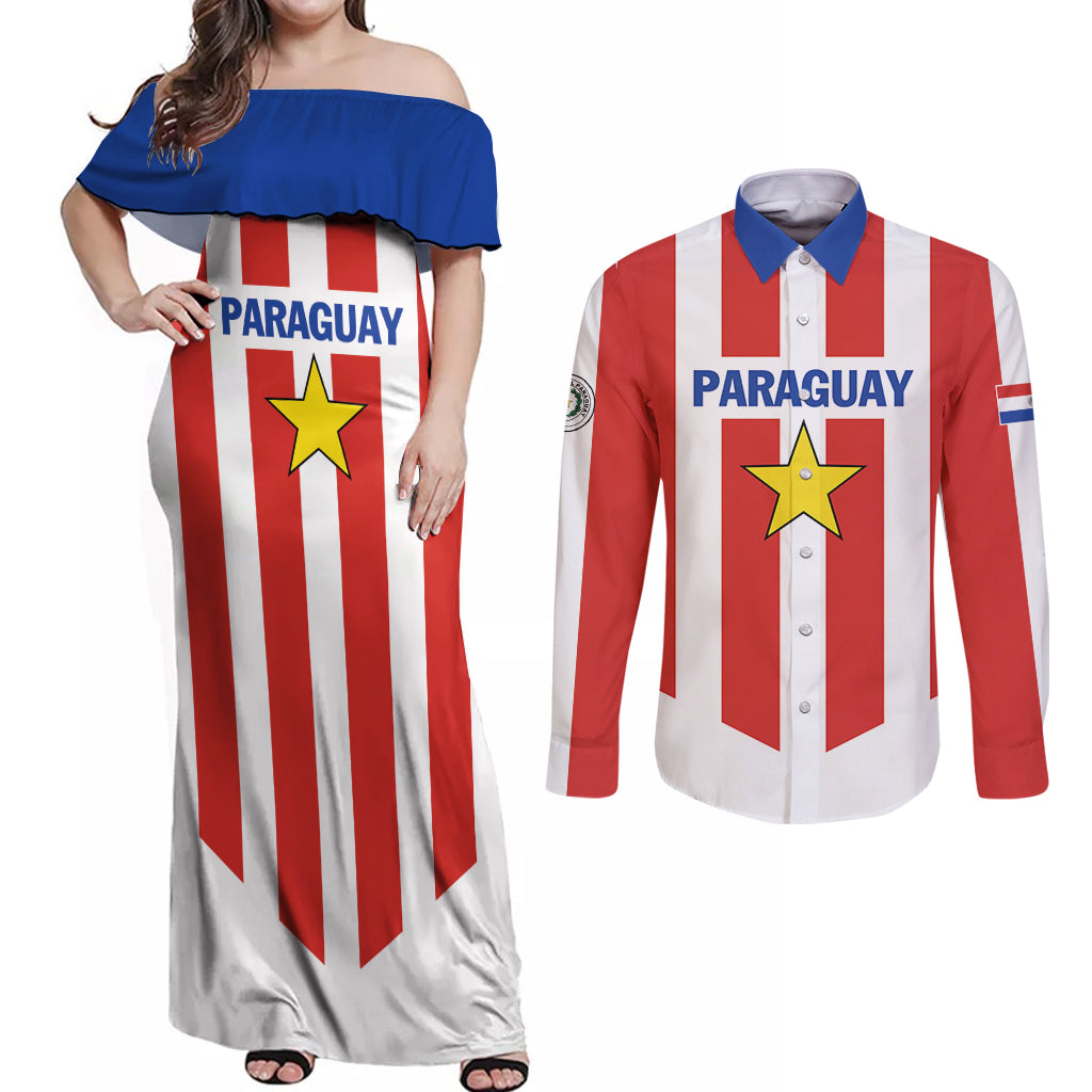 Personalized Paraguay 2024 Football Couples Matching Off Shoulder Maxi Dress and Long Sleeve Button Shirt Come On La Albirroja - Wonder Print Shop