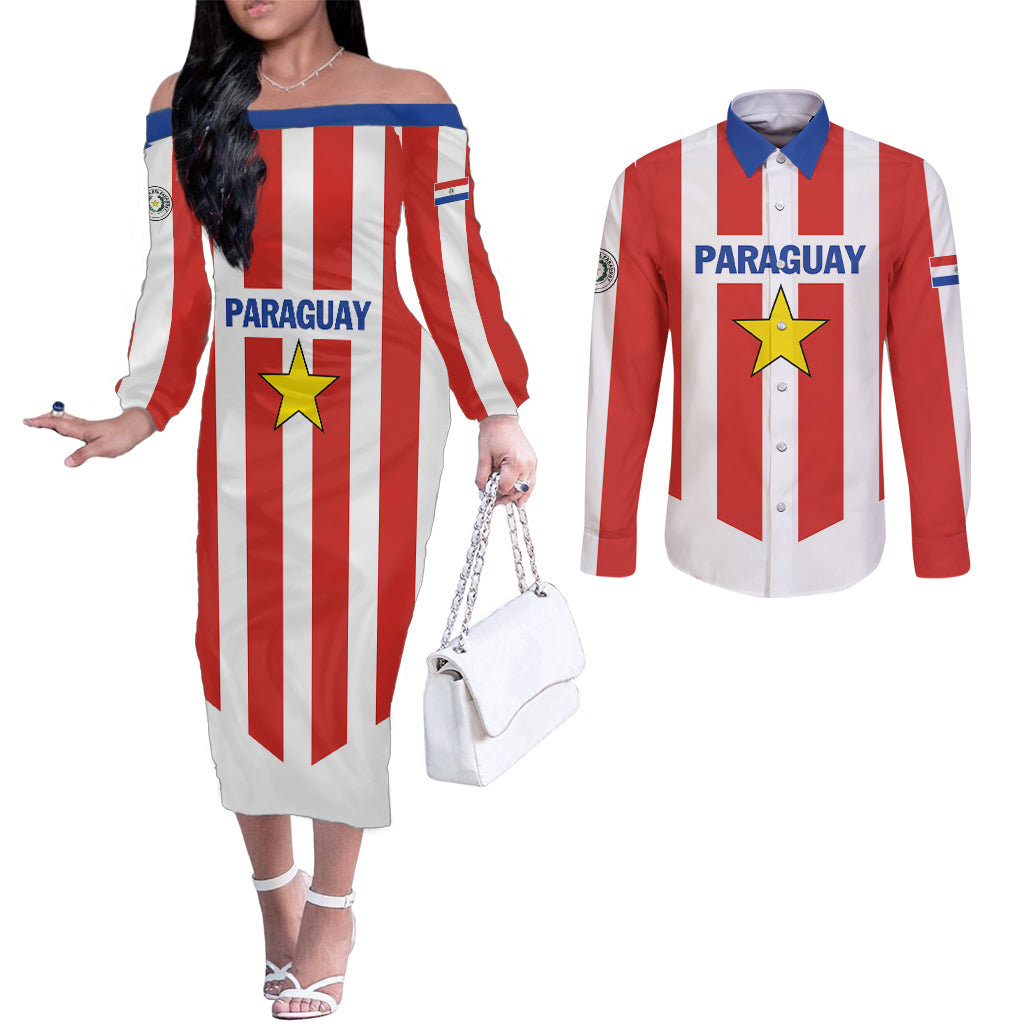 Personalized Paraguay 2024 Football Couples Matching Off The Shoulder Long Sleeve Dress and Long Sleeve Button Shirt Come On La Albirroja