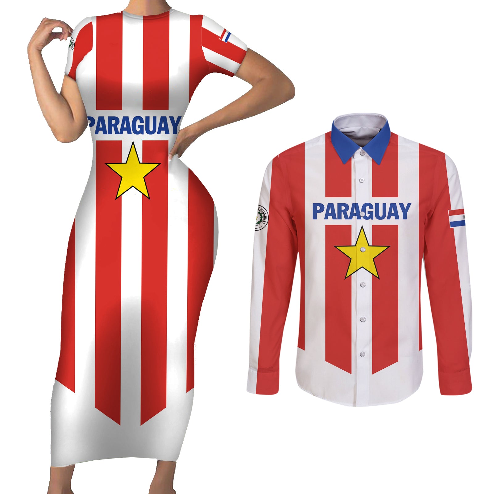 Personalized Paraguay 2024 Football Couples Matching Short Sleeve Bodycon Dress and Long Sleeve Button Shirt Come On La Albirroja - Wonder Print Shop