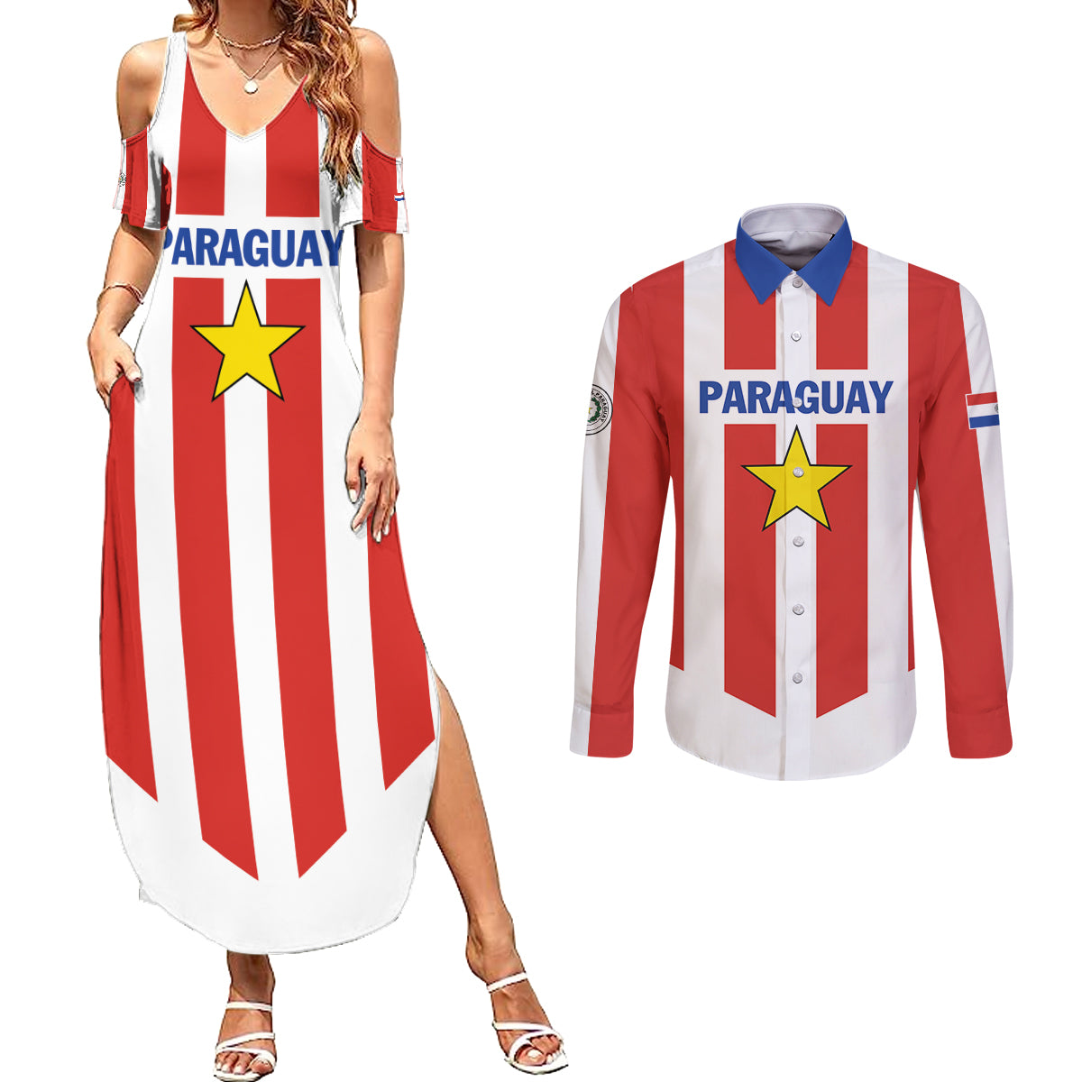 Personalized Paraguay 2024 Football Couples Matching Summer Maxi Dress and Long Sleeve Button Shirt Come On La Albirroja - Wonder Print Shop