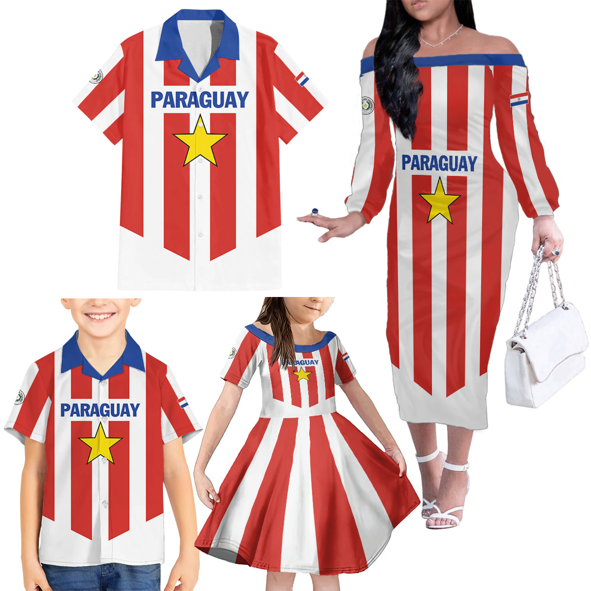 Personalized Paraguay 2024 Football Family Matching Off The Shoulder Long Sleeve Dress and Hawaiian Shirt Come On La Albirroja - Wonder Print Shop