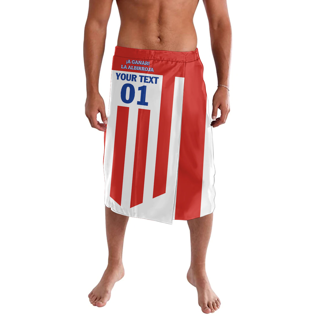 Personalized football lavalava with red waistband and white vertical stripes, YOUR TEXT 01