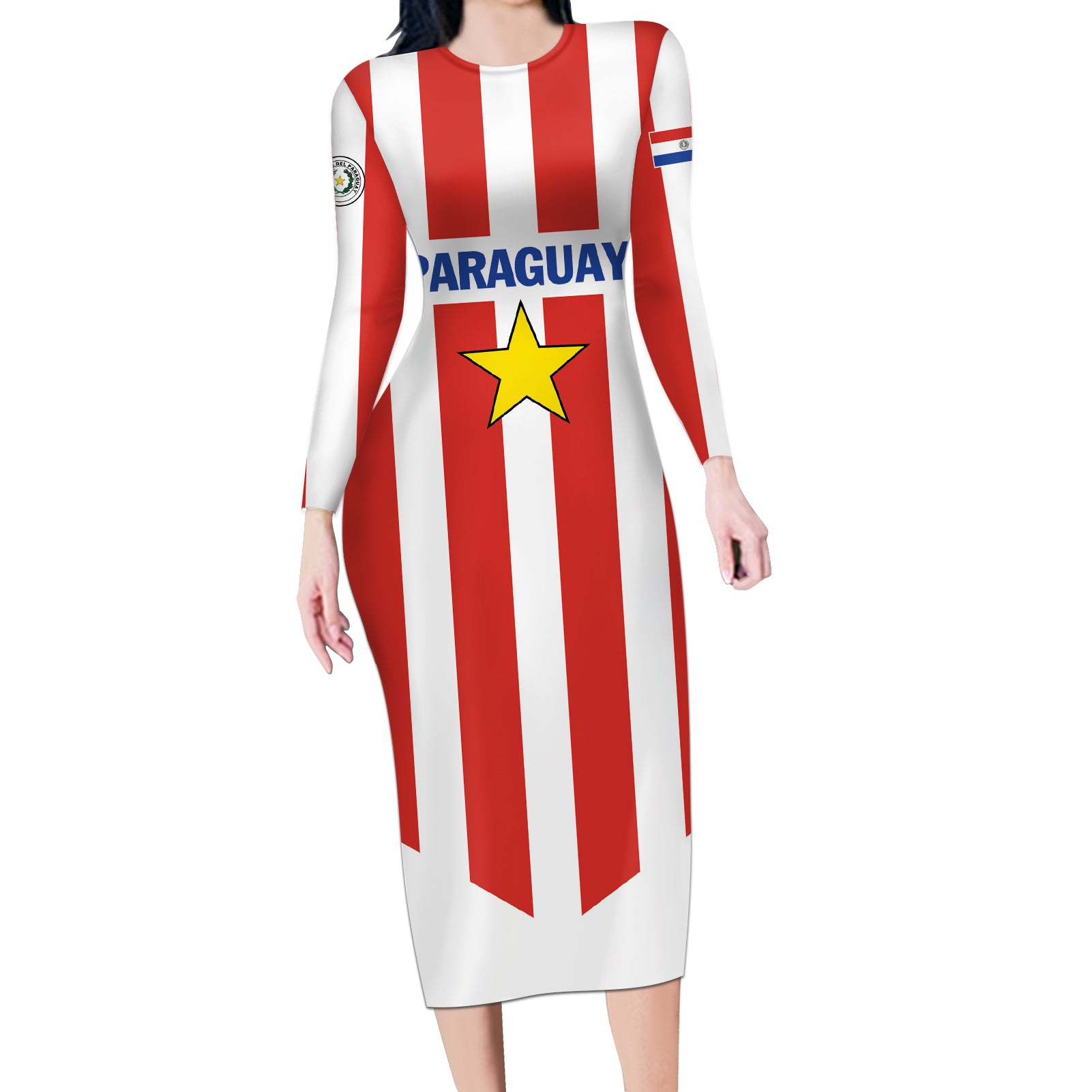 Personalized Paraguay 2024 Football Long Sleeve Bodycon Dress Come On La Albirroja - Wonder Print Shop