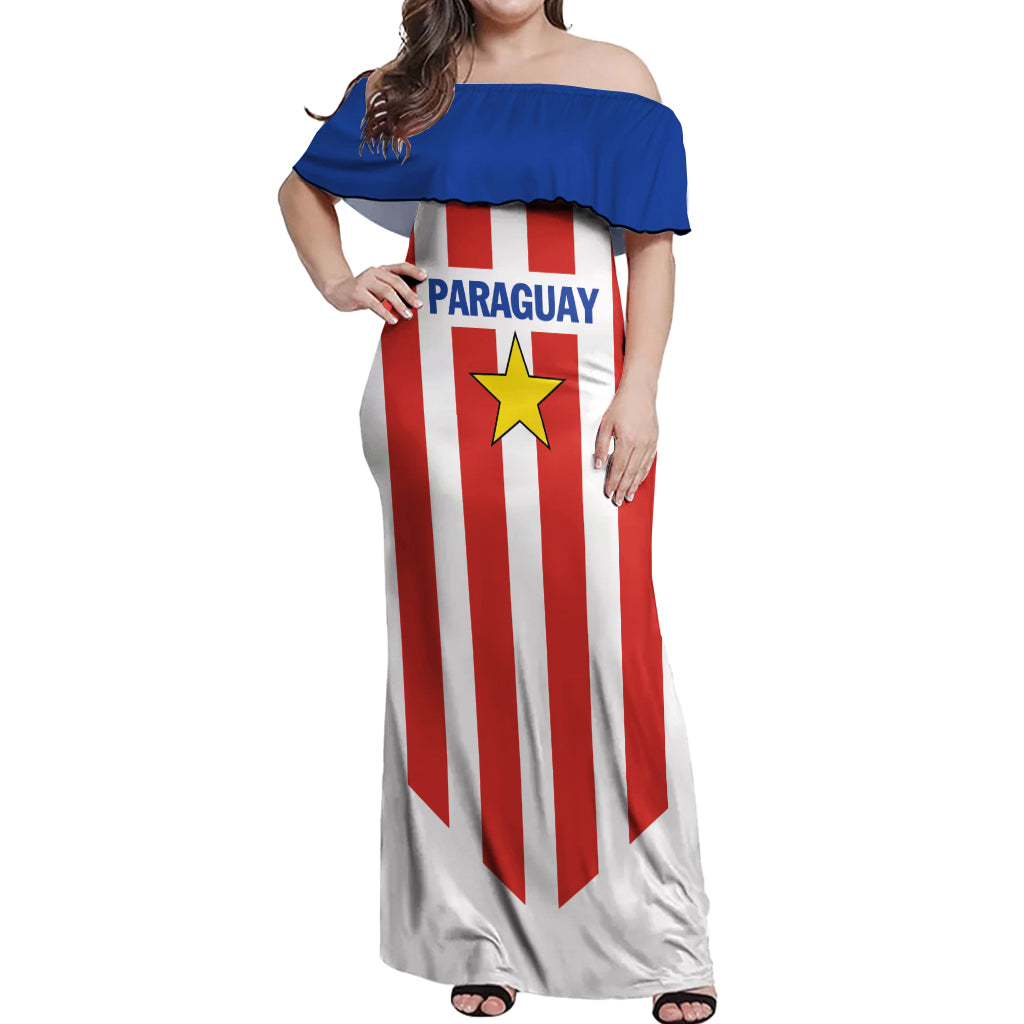 Personalized Paraguay 2024 Football Off Shoulder Maxi Dress Come On La Albirroja - Wonder Print Shop