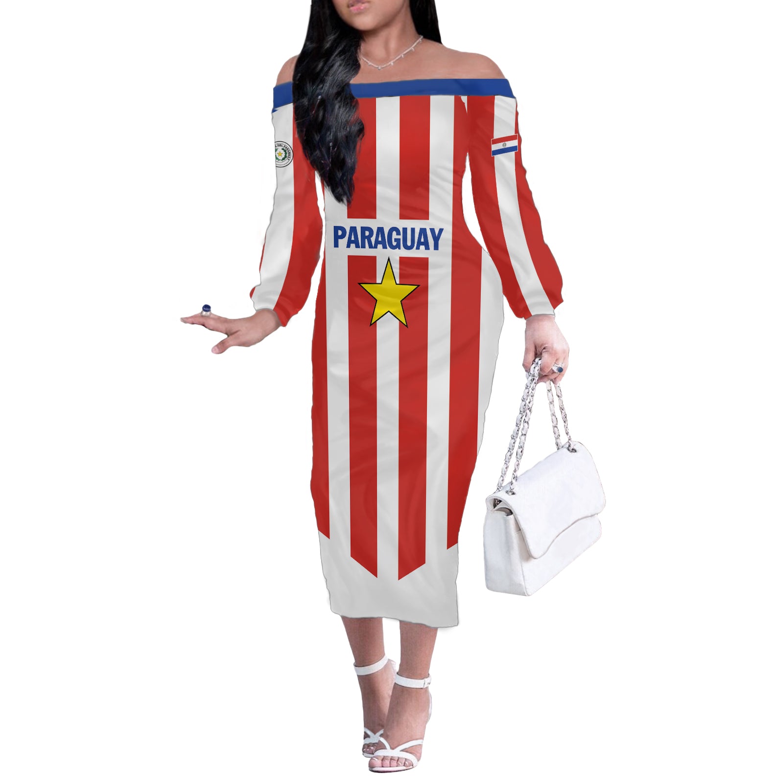 Personalized Paraguay 2024 Football Off The Shoulder Long Sleeve Dress Come On La Albirroja - Wonder Print Shop