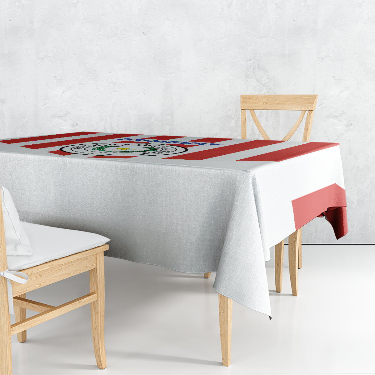 White Paraguay football tablecloth with red stripes and centered national crest