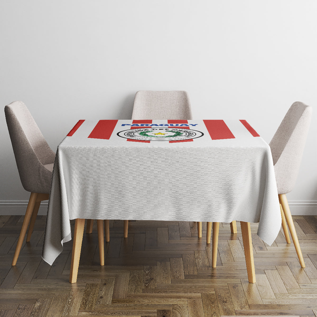 White Paraguay football tablecloth featuring national crest and red stripe accents