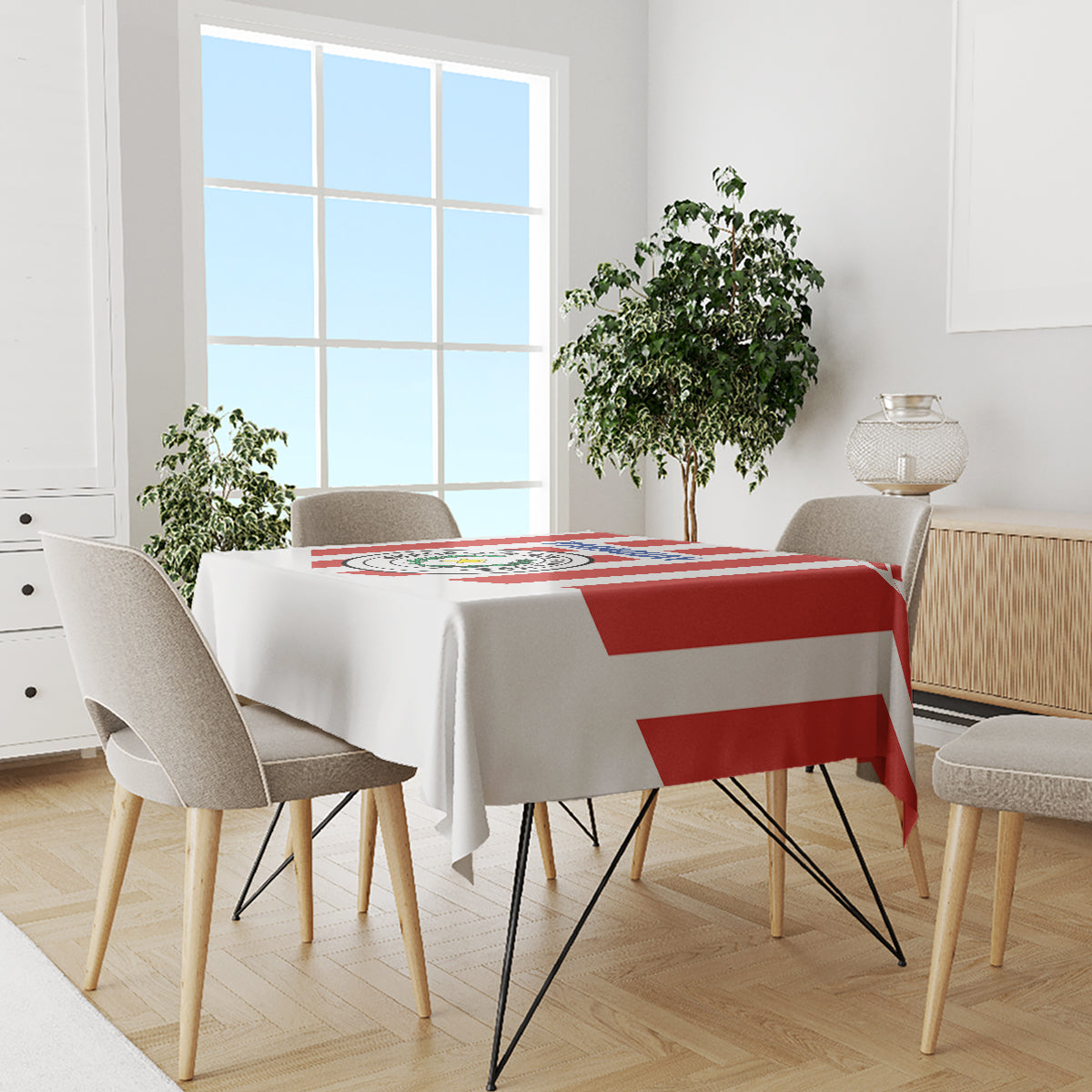 Paraguay 2024 football tablecloth, white with red stripes and crest emblem in center