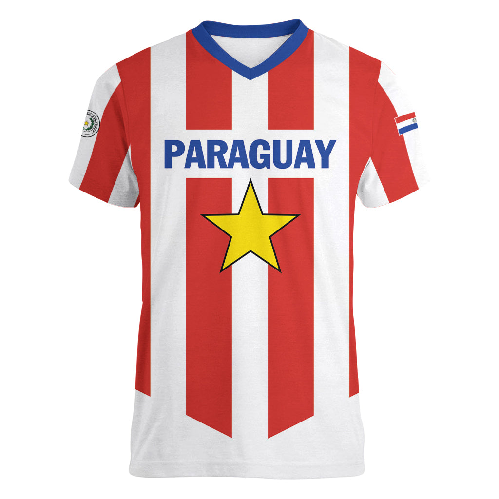 Personalized Paraguay 2024 Football Women V-Neck T-Shirt Come On La Albirroja - Wonder Print Shop