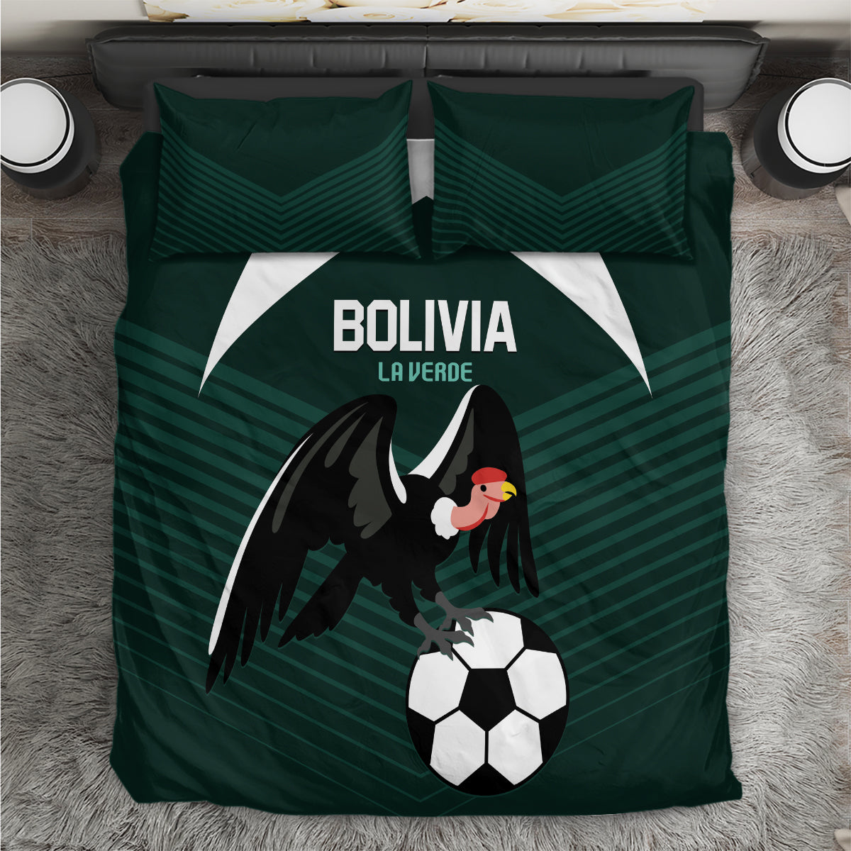 Green Bolivia football bedding set: eagle, soccer ball, and 'Bolivia La Verde' logo with two pillows.
