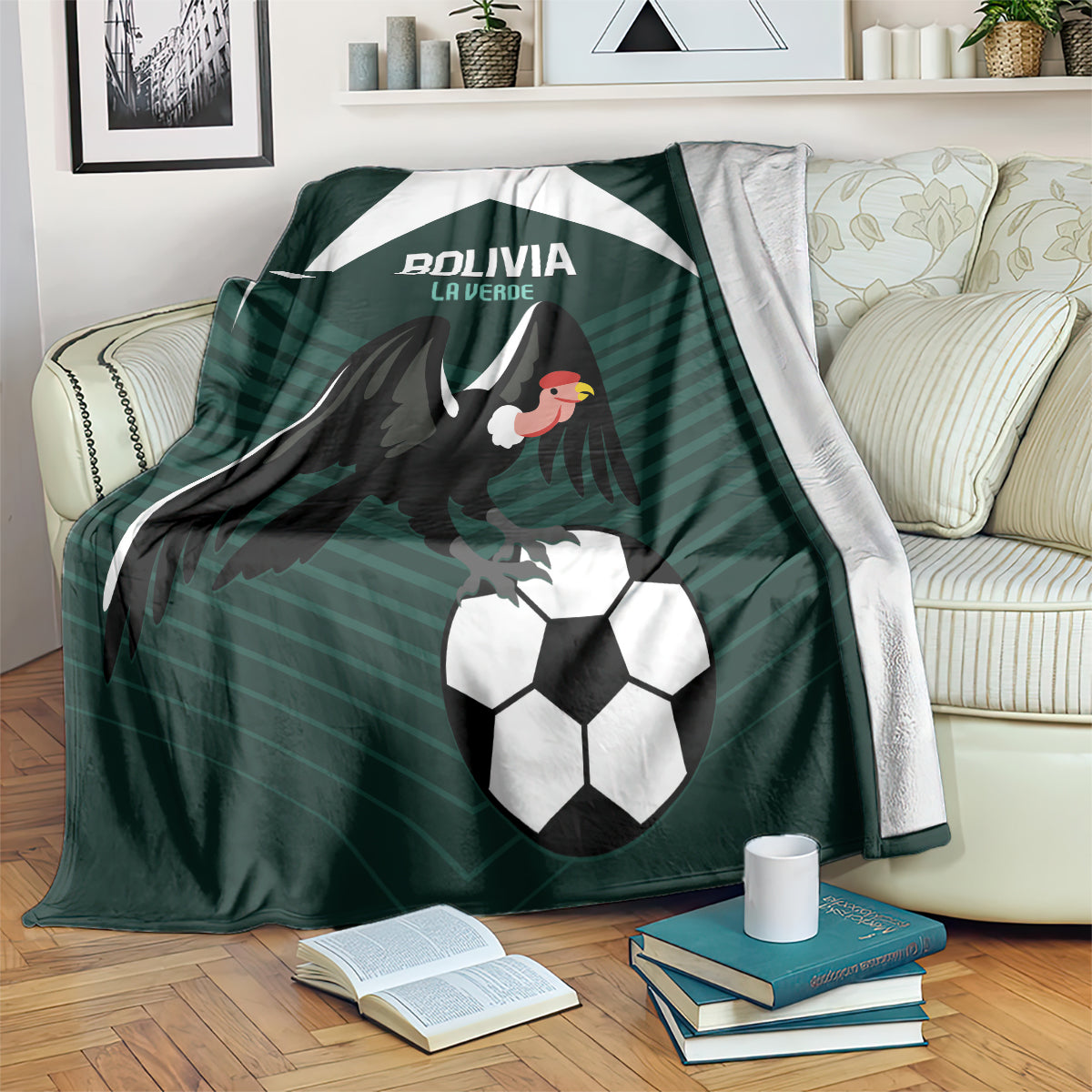 Green Bolivia football blanket with white diagonal stripe, eagle and soccer ball print