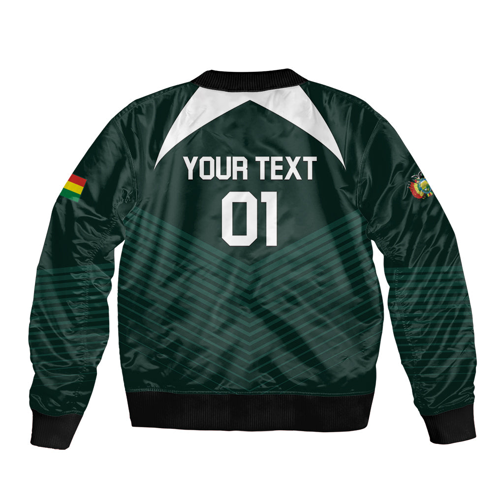 Green football bomber jacket back with white yoke, YOUR TEXT 01 print, black ribbed hem