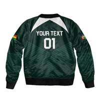 Green football bomber jacket back with white yoke, YOUR TEXT 01 print, black ribbed hem