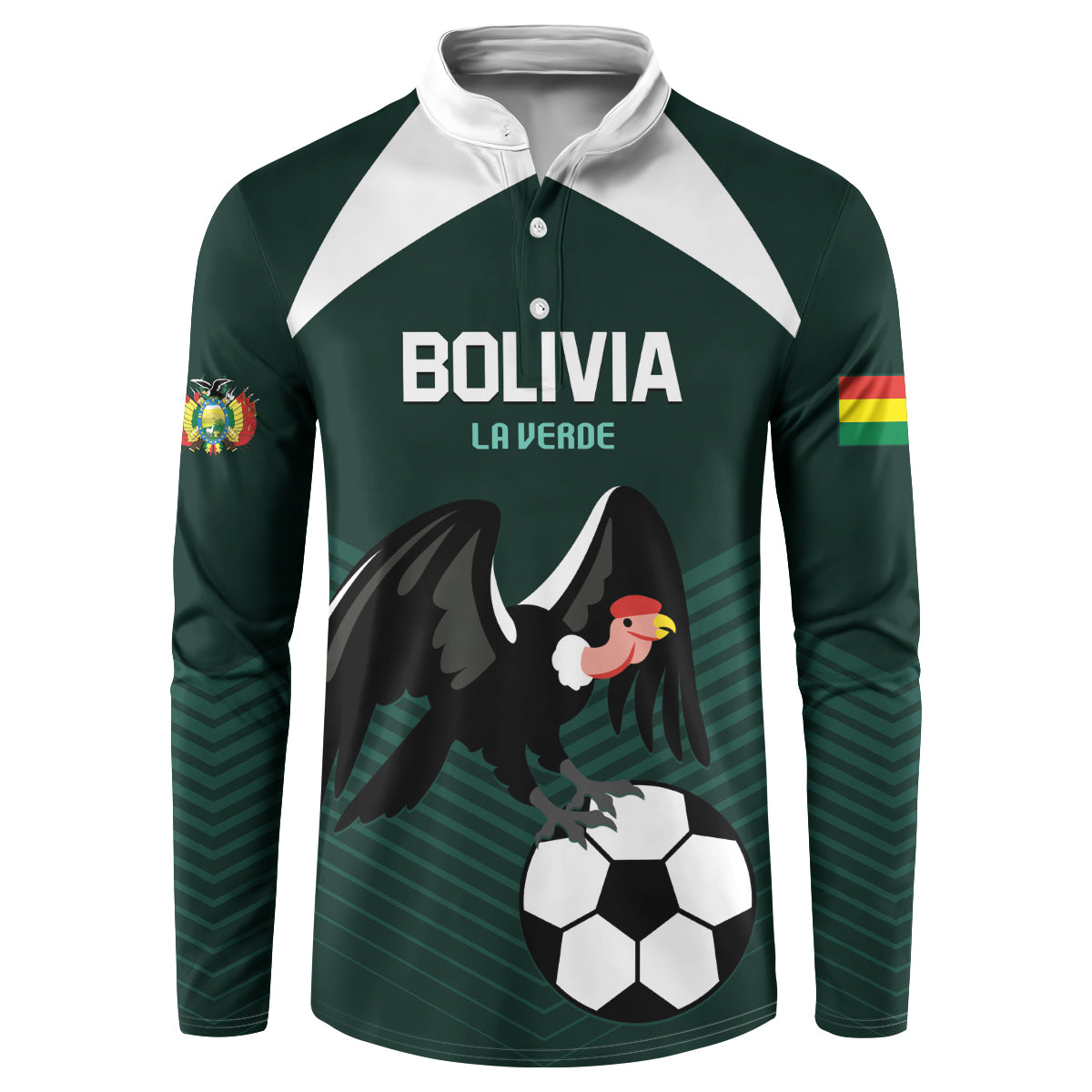 Green Bolivia football sweatshirt with white collar, button placket, and team graphic