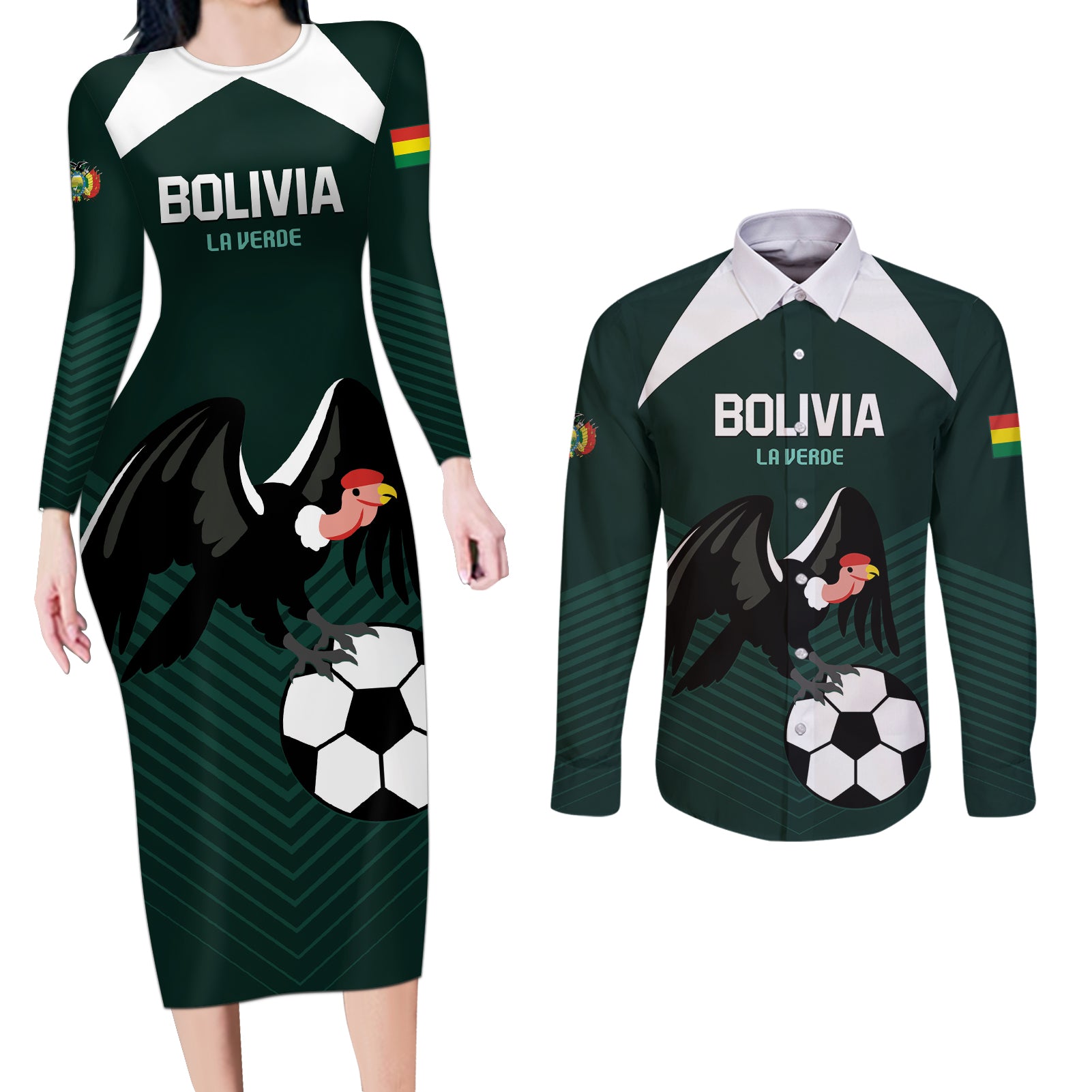 Personalized Bolivia 2024 Football Couples Matching Long Sleeve Bodycon Dress and Long Sleeve Button Shirt La Verd Go Champion - Wonder Print Shop