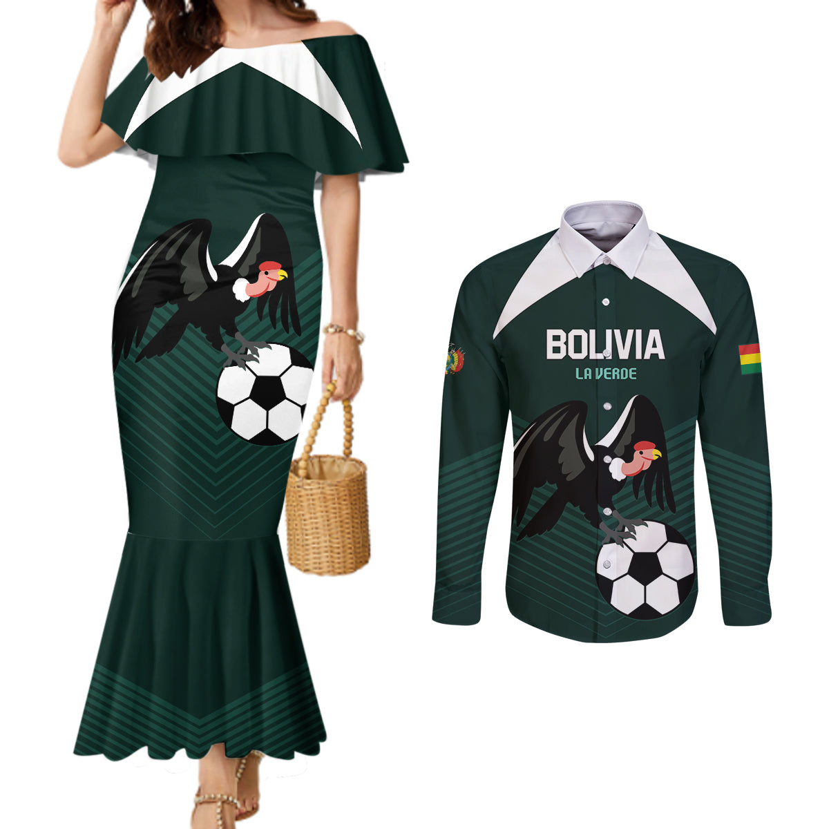 Personalized Bolivia 2024 Football Couples Matching Mermaid Dress and Long Sleeve Button Shirt La Verd Go Champion