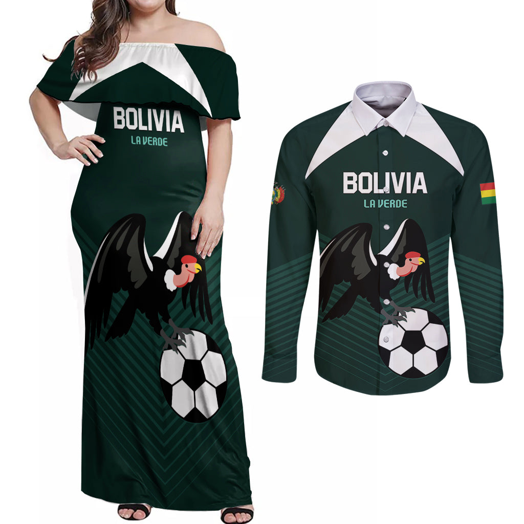 Personalized Bolivia 2024 Football Couples Matching Off Shoulder Maxi Dress and Long Sleeve Button Shirt La Verd Go Champion - Wonder Print Shop