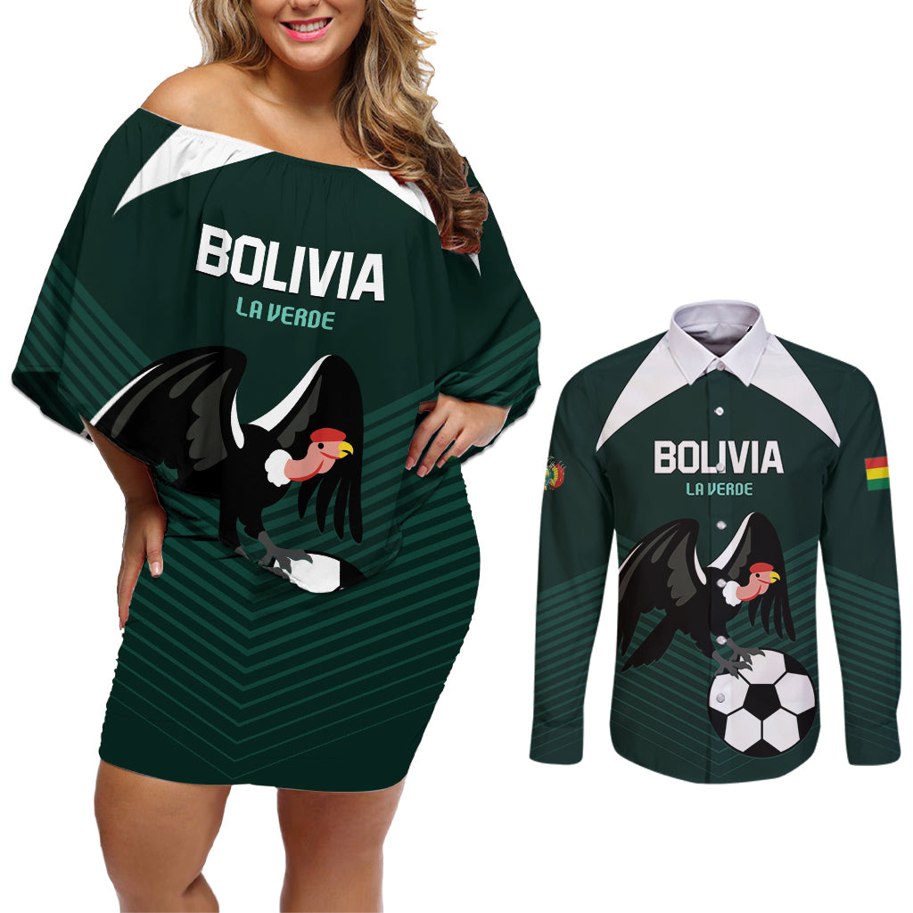 Personalized Bolivia 2024 Football Couples Matching Off Shoulder Short Dress and Long Sleeve Button Shirt La Verd Go Champion - Wonder Print Shop