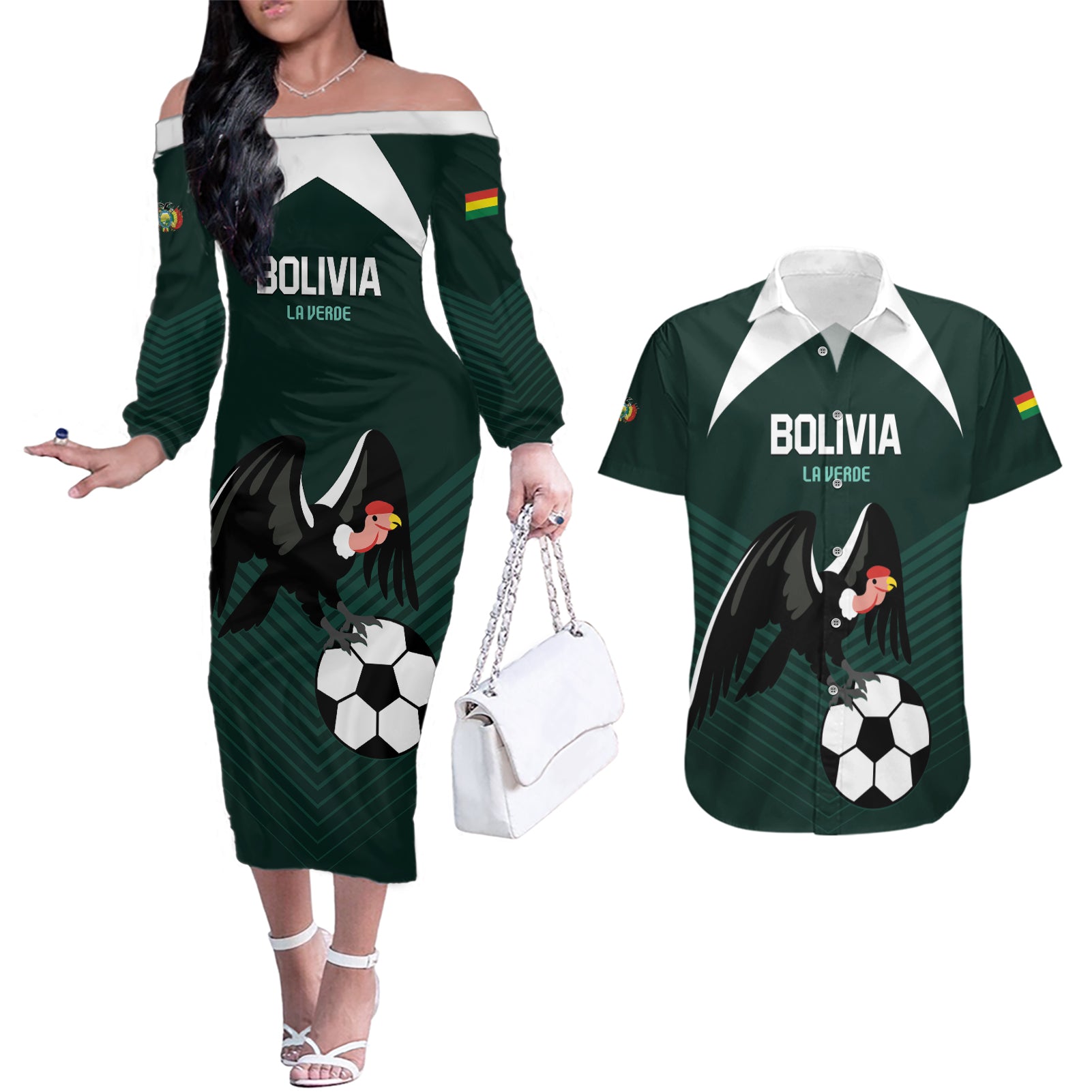 Personalized Bolivia 2024 Football Couples Matching Off The Shoulder Long Sleeve Dress and Hawaiian Shirt La Verd Go Champion - Wonder Print Shop