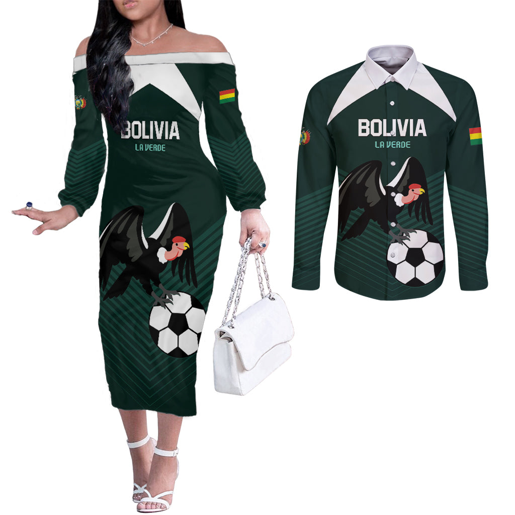 Personalized Bolivia 2024 Football Couples Matching Off The Shoulder Long Sleeve Dress and Long Sleeve Button Shirt La Verd Go Champion