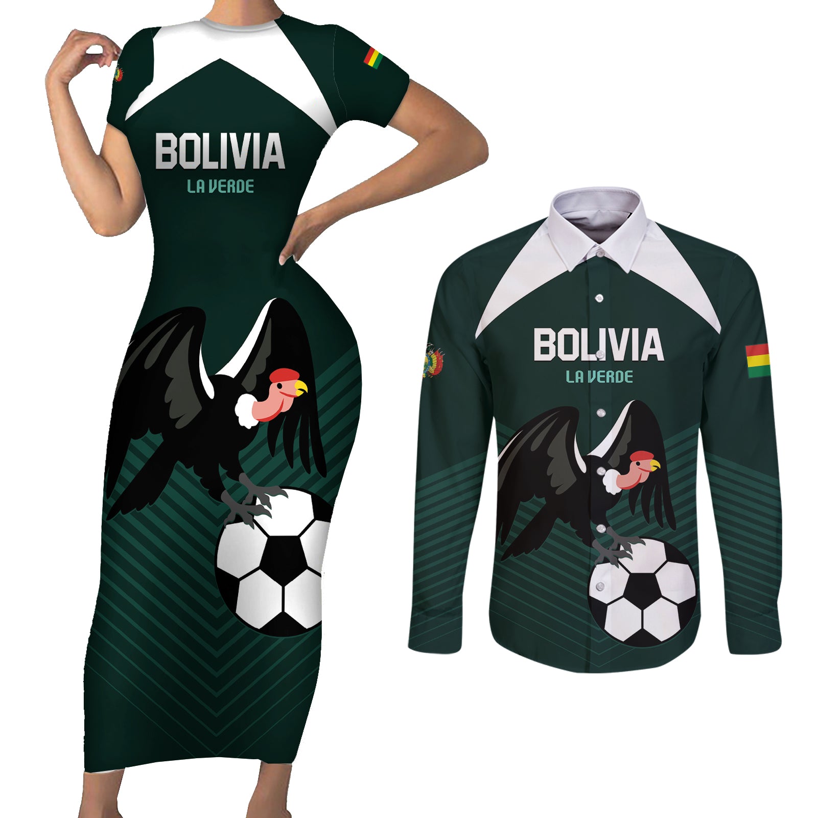 Personalized Bolivia 2024 Football Couples Matching Short Sleeve Bodycon Dress and Long Sleeve Button Shirt La Verd Go Champion - Wonder Print Shop