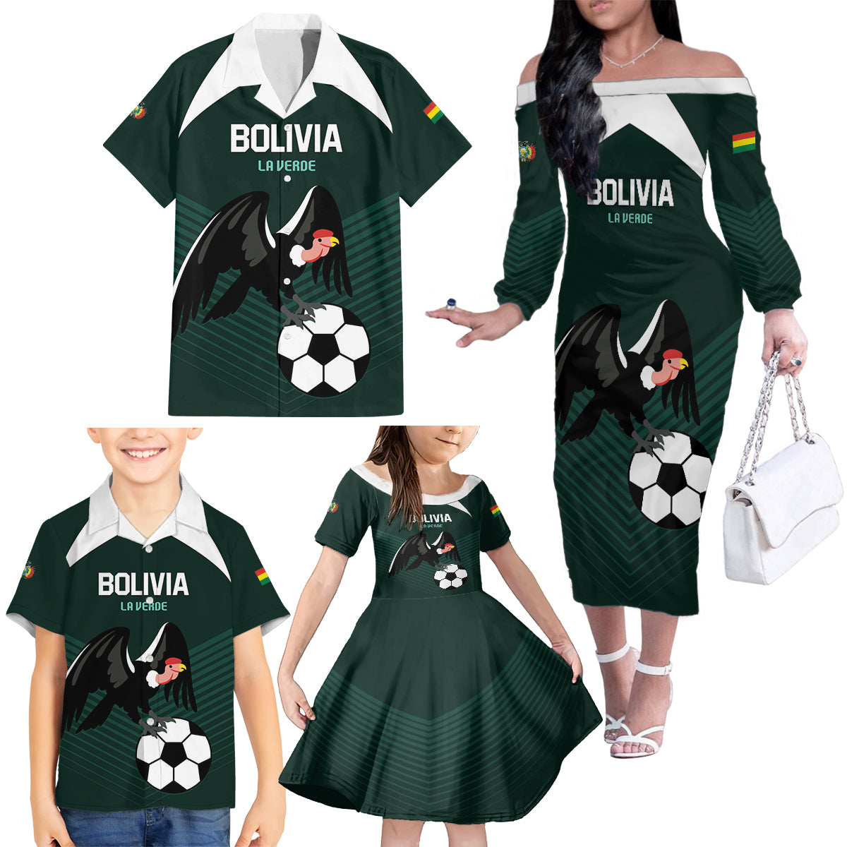 Personalized Bolivia 2024 Football Family Matching Off The Shoulder Long Sleeve Dress and Hawaiian Shirt La Verd Go Champion - Wonder Print Shop