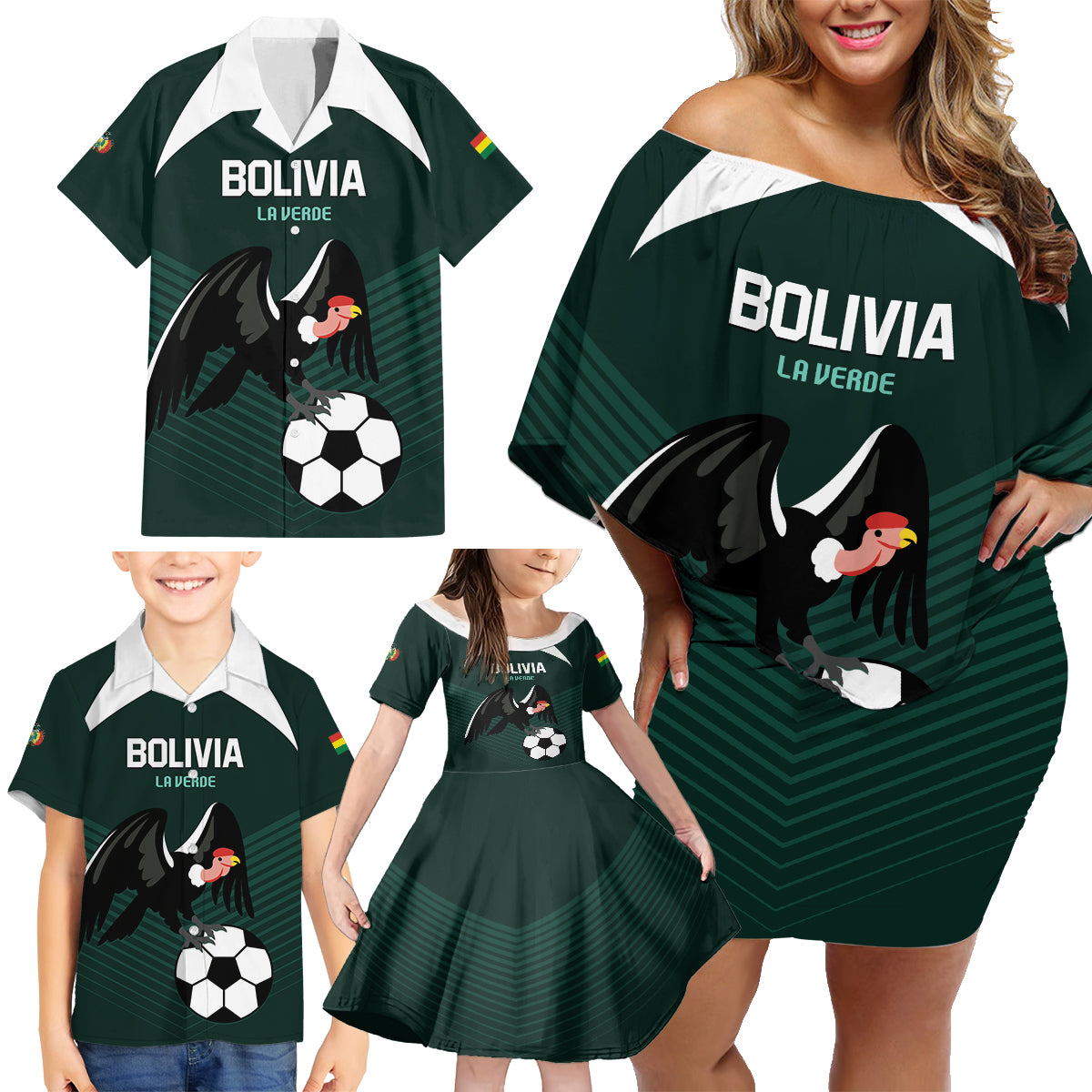 Personalized Bolivia 2024 Football Family Matching Off Shoulder Short Dress and Hawaiian Shirt La Verd Go Champion - Wonder Print Shop