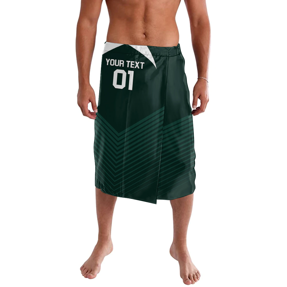 Personalized green football lavalava with 'YOUR TEXT 01' and chevron pattern