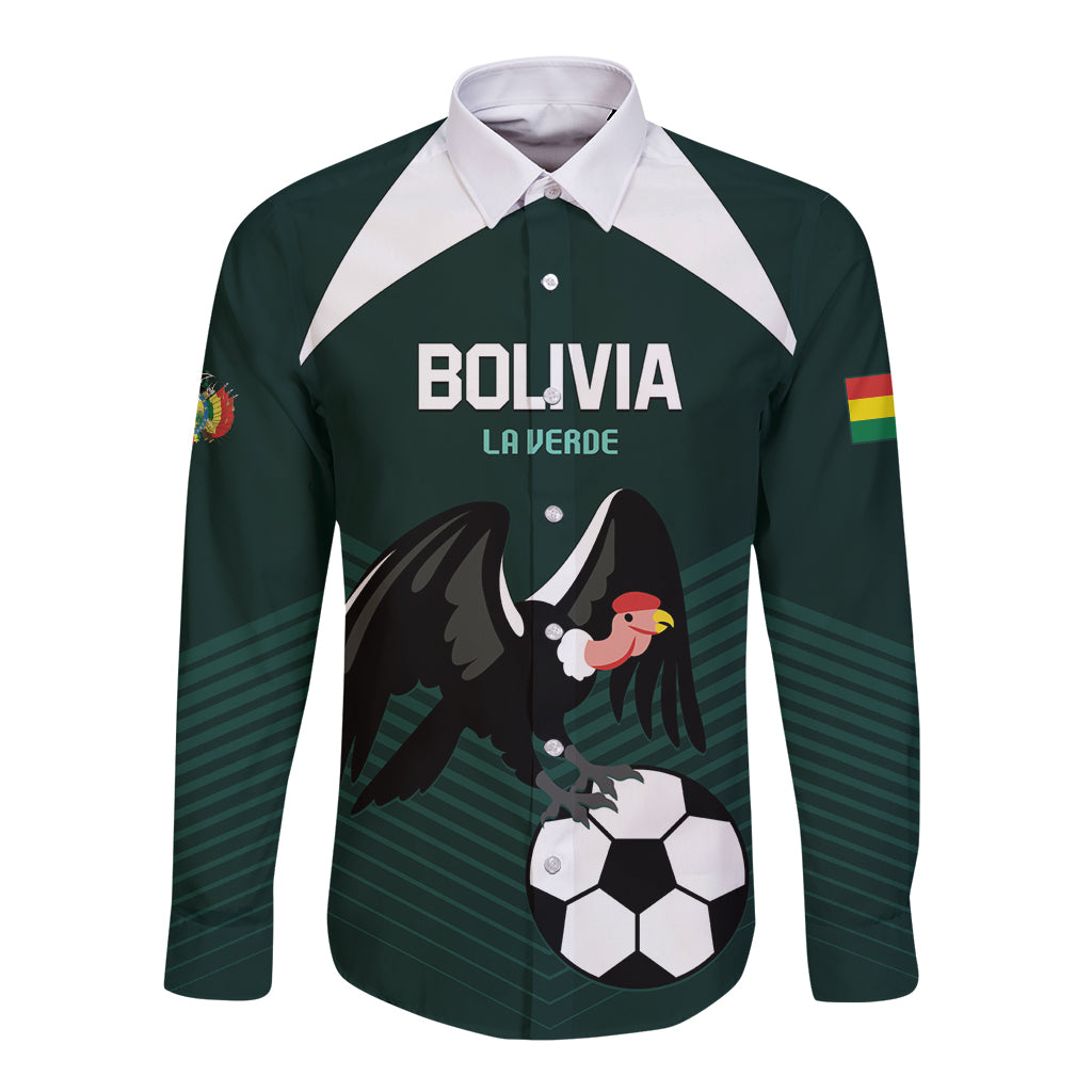 Green long-sleeve button football shirt with white shoulders and Bolivia crest graphic