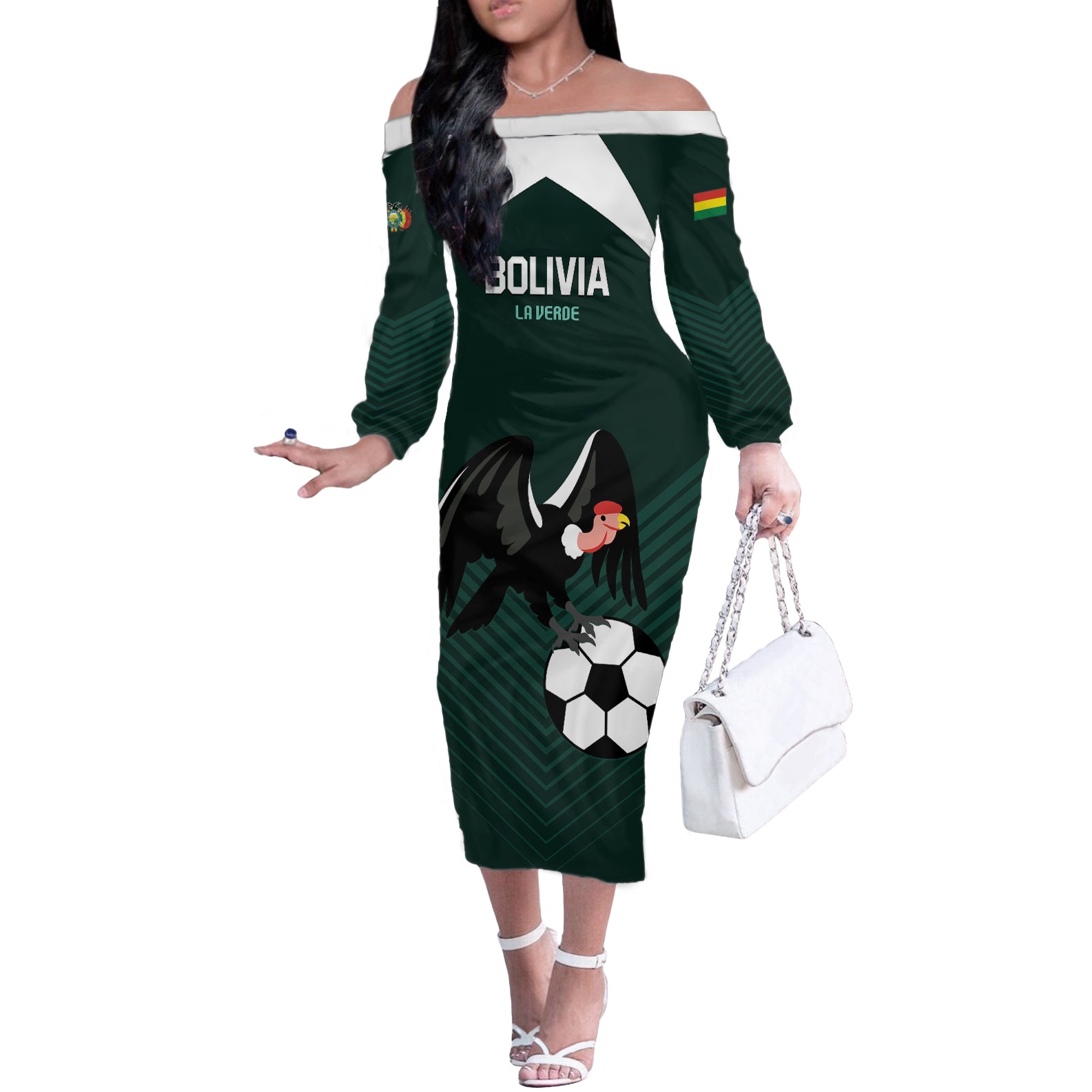 Personalized Bolivia 2024 Football Off The Shoulder Long Sleeve Dress La Verd Go Champion - Wonder Print Shop