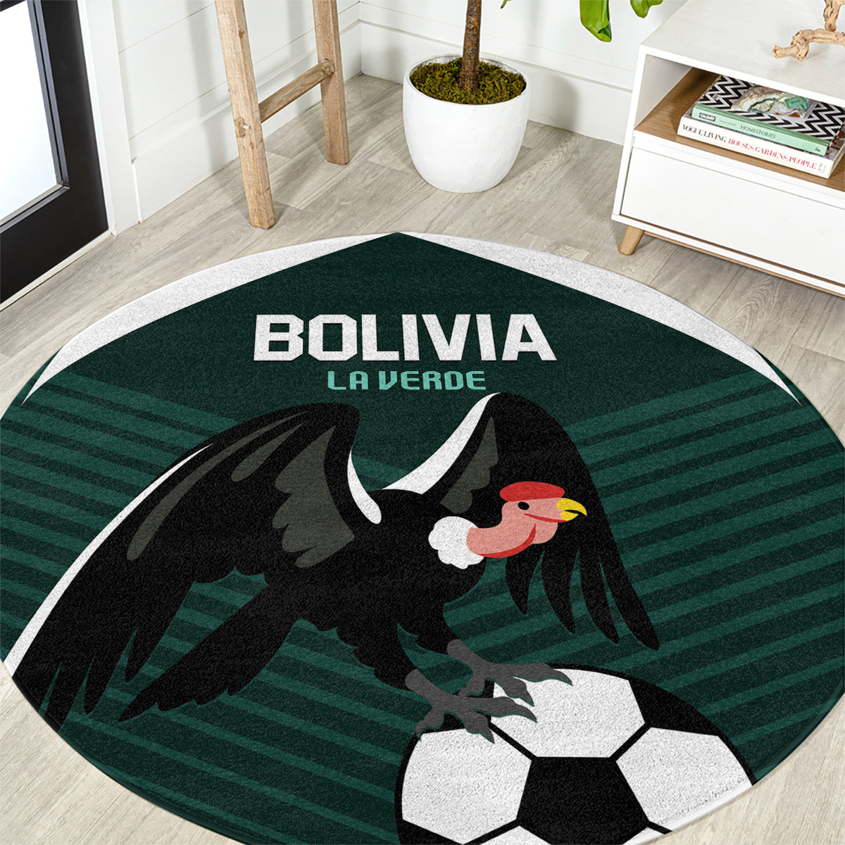 Green round football carpet with Bolivia La Verde text and eagle graphic