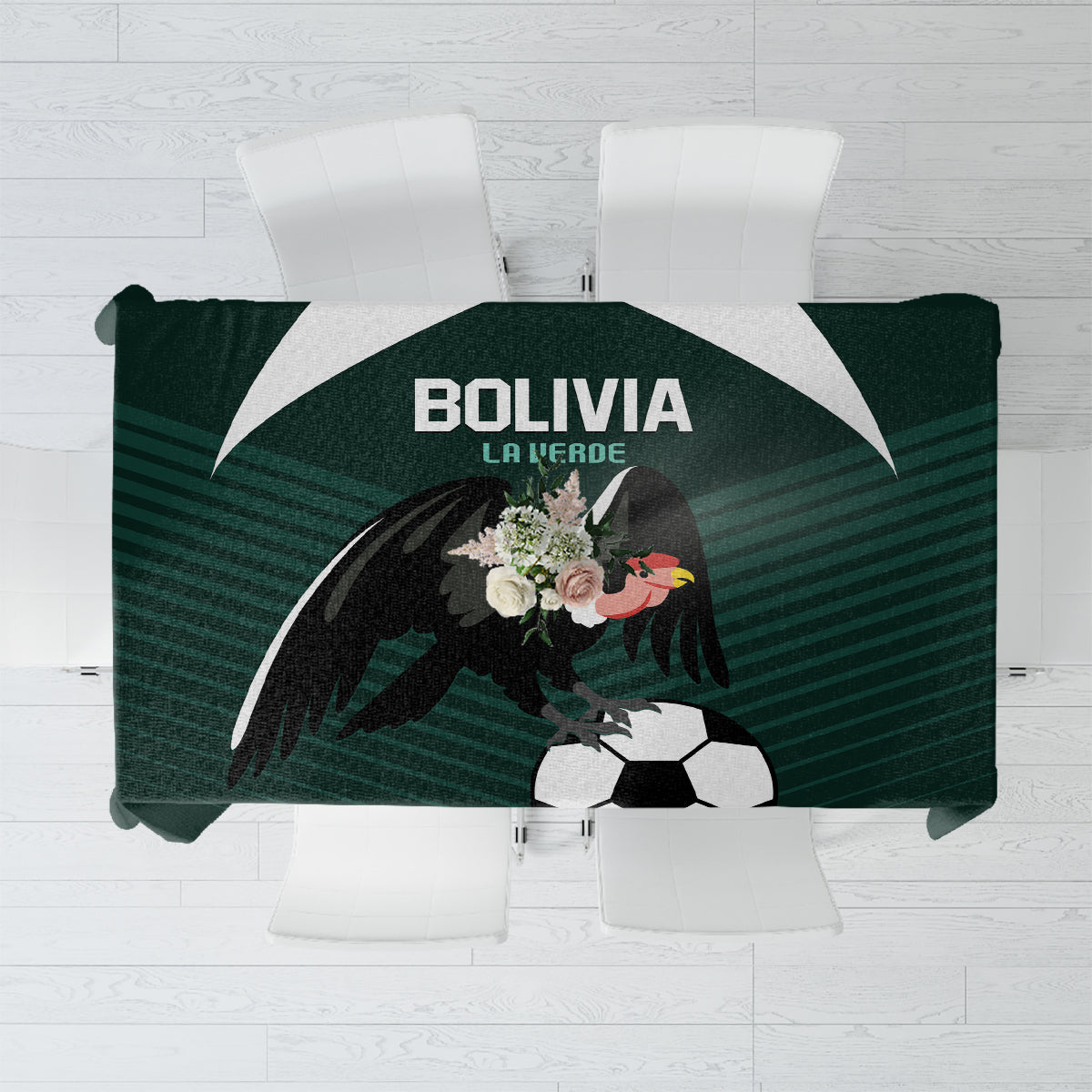 Green Bolivia 2024 football tablecloth with BOLIVIA LA VERDE text and soccer graphic