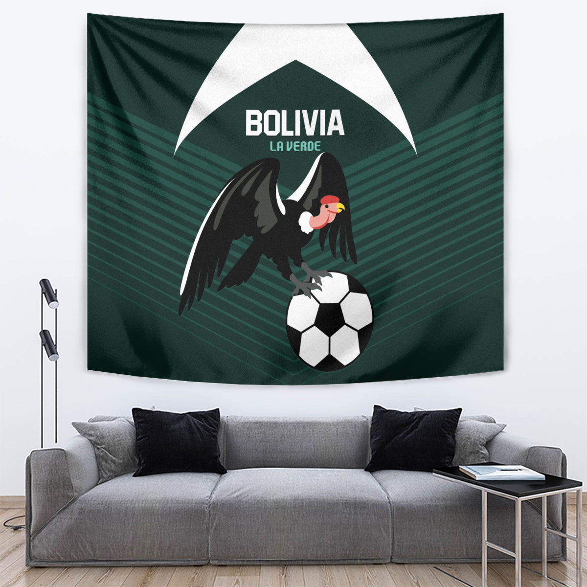 Green Bolivia La Verde football tapestry featuring eagle, player, and soccer ball