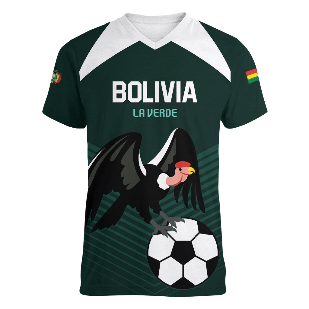 Personalized Bolivia 2024 Football Women V-Neck T-Shirt La Verd Go Champion - Wonder Print Shop