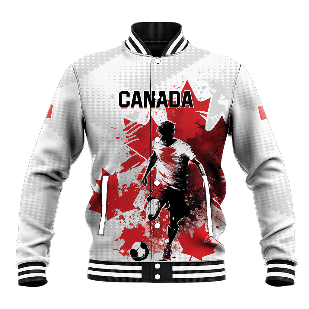 White Canada baseball-style jacket with black ribbed trim and red maple graphics on front