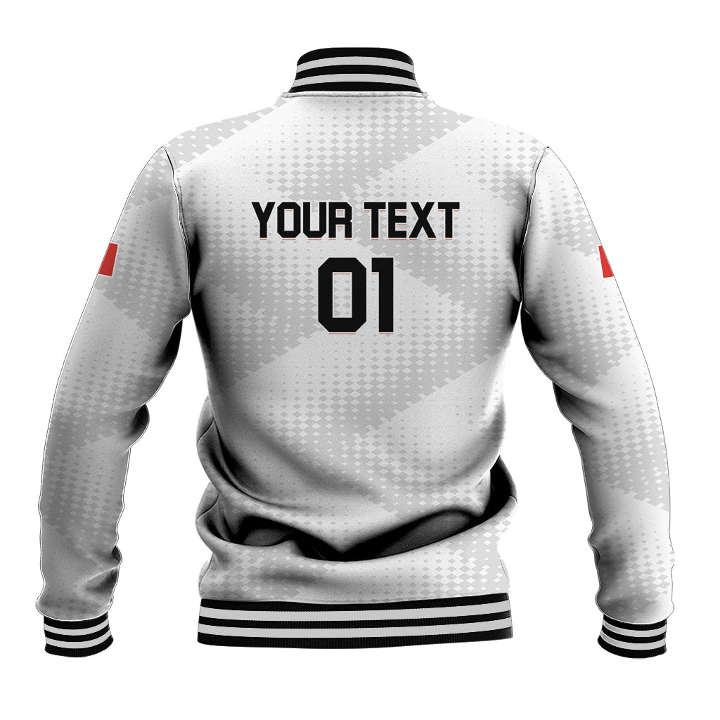 White back baseball-style jacket with YOUR TEXT and 01 graphic, black ribbed collar trim