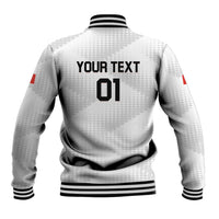 White back baseball-style jacket with YOUR TEXT and 01 graphic, black ribbed collar trim