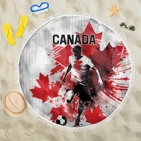Round soccer beach blanket with Canada map, player silhouette, fringe trim (150cm)