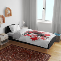 White duvet bedding set with red Canada soccer player graphic and one pillow