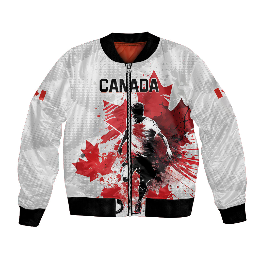White soccer-style bomber jacket with zip front, Canada emblem and player graphic, ribbed cuffs.