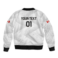 White bomber jacket back with YOUR TEXT and 01 print, ribbed hem and cuffs.