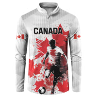Personalized Canada soccer button sweatshirt, white/gray with red player graphic and maple leaf accent