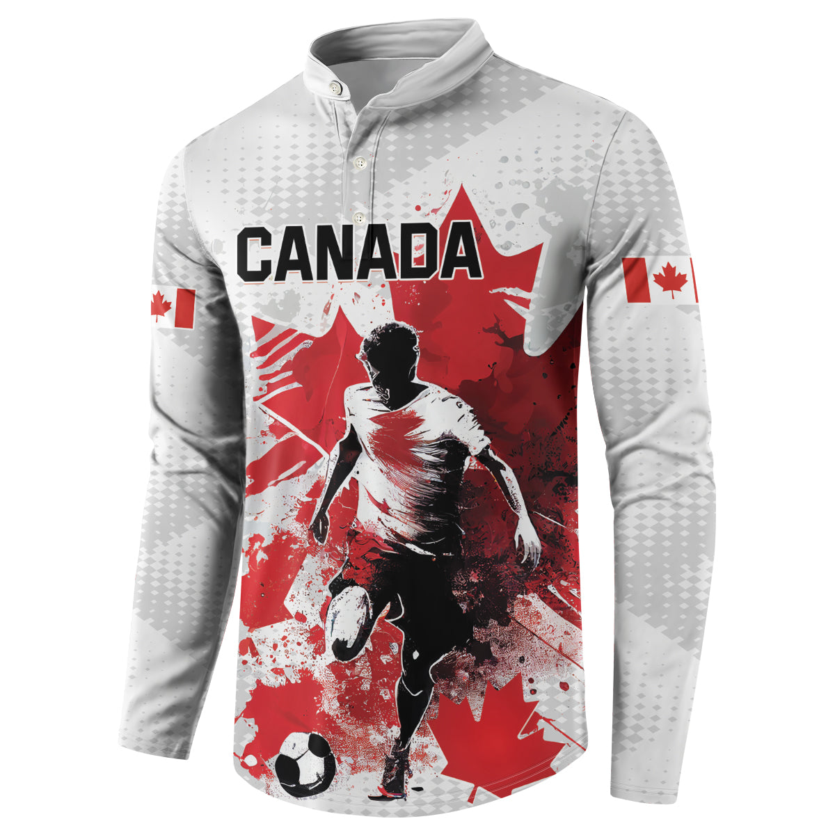 Personalized Canada soccer button sweatshirt, white/gray with red player graphic and CANADA text