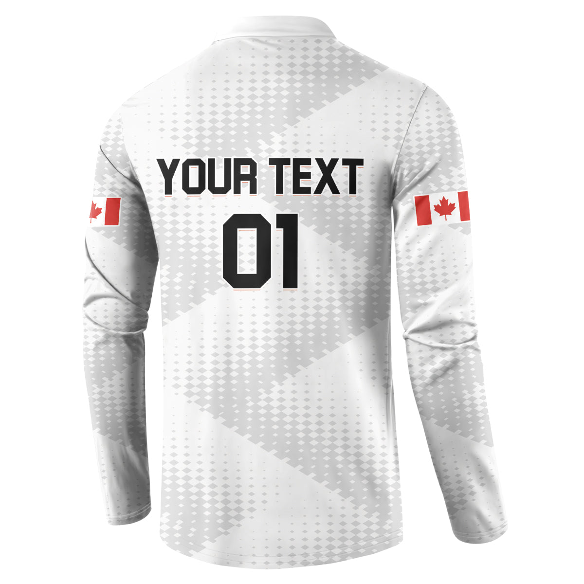 Canada soccer button sweatshirt, white/gray back print: YOUR TEXT 01 with maple leaf flag