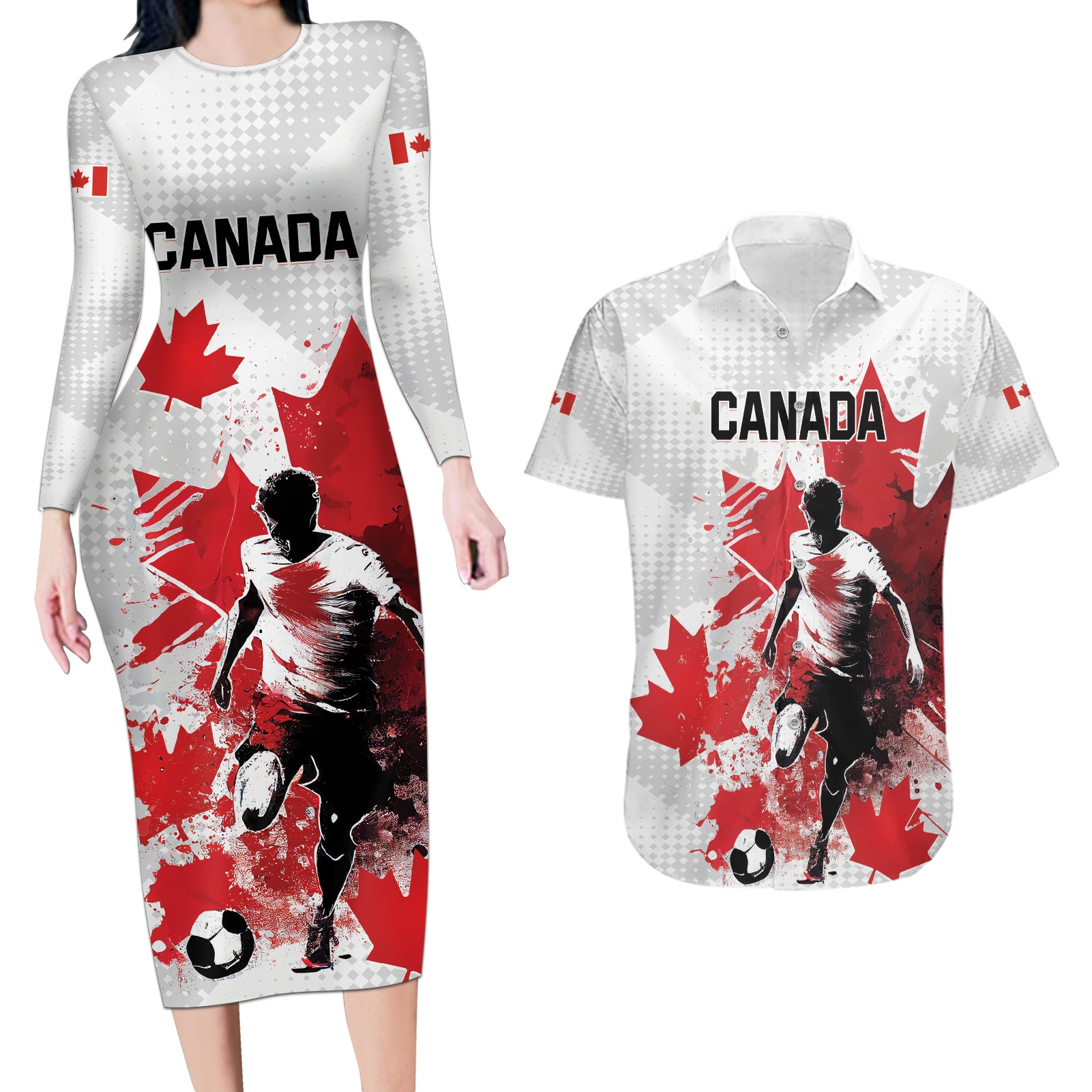 Personalized Canada 2024 Soccer Couples Matching Long Sleeve Bodycon Dress and Hawaiian Shirt Canadian Player Maple Leaf - Wonder Print Shop