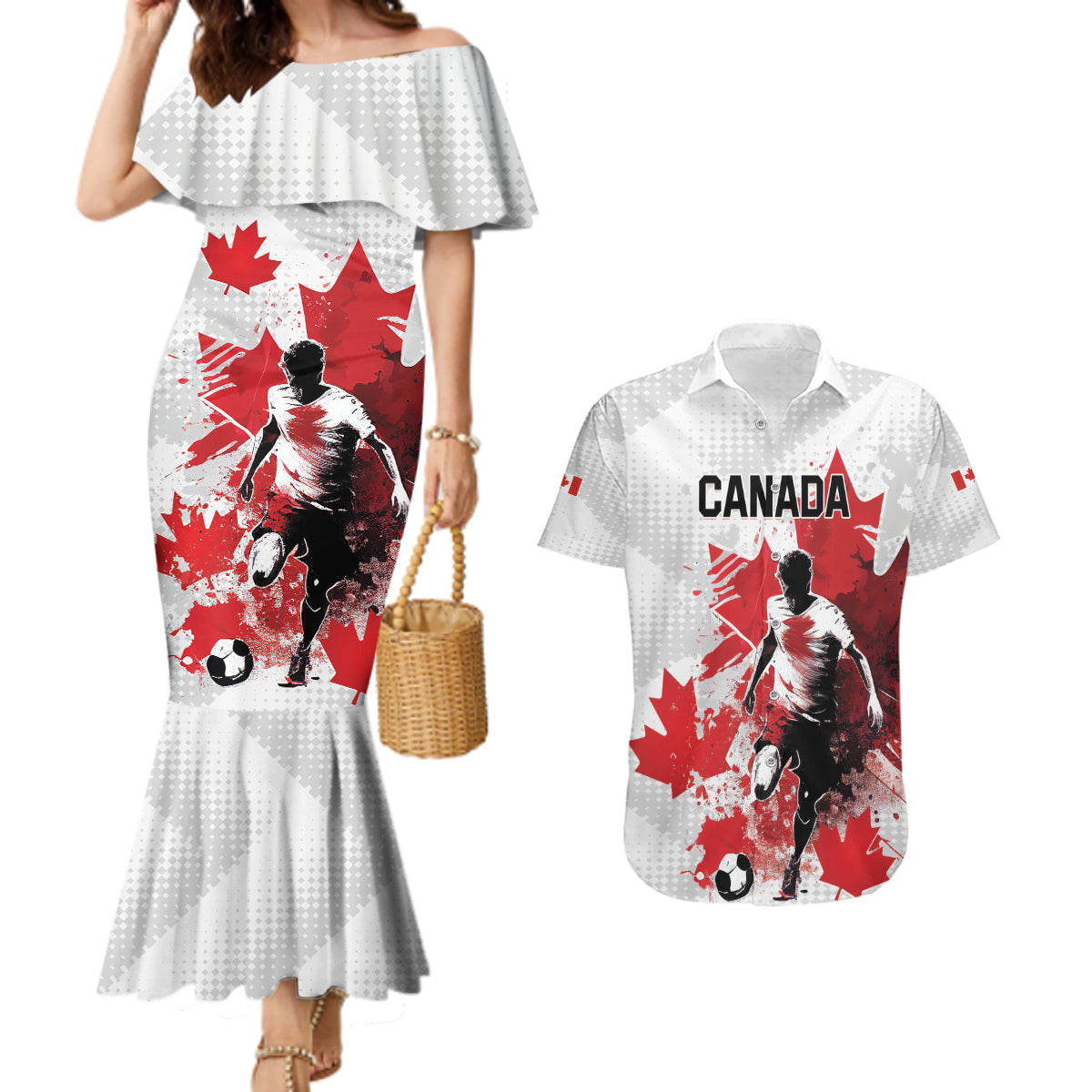 Personalized Canada 2024 Soccer Couples Matching Mermaid Dress and Hawaiian Shirt Canadian Player Maple Leaf - Wonder Print Shop